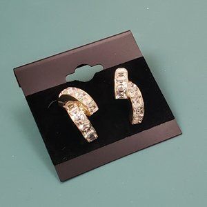 Gold crystal rhinestone jeweled double half hoop pierce push back earrings, NWOT